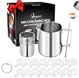 Bugucat Jarra de leche 350ml, Taza de Leche de acero inoxidable Taza de Espumador con Marca de Medición Lápiz Artístico 16 Piezas Plantillas de Café Espolvoreadores de Acero Hebilla de almacenamiento