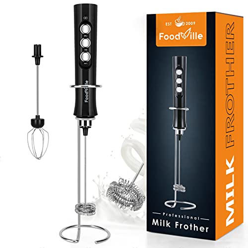 FoodVille MF02 - Espumador de leche recargable de mano con batidor de acero inoxidable para capuchino, latte, café a prueba de balas, dieta cetogénica, polvo de proteínas, matcha